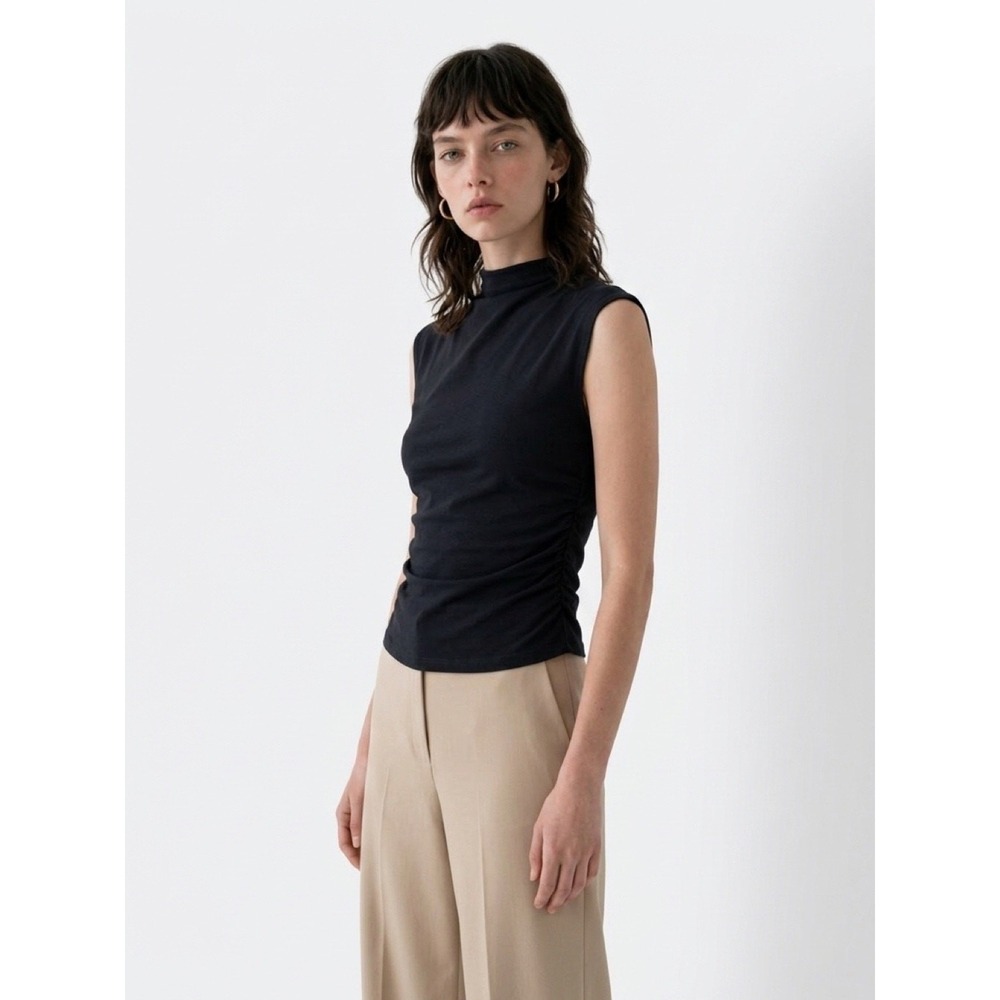 Quince Womens Black Ruched Mock Sleeveless S Top NWT Minimalist Quiet Luxury